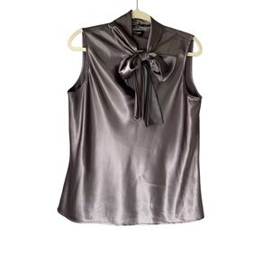 Nine West gray satin career wear classic‎ tank blouse with neck tie. Size L